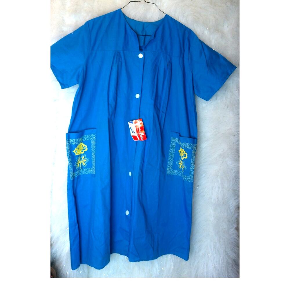 Vintage M Lowenstein House Coat Robe Dress Blue Floral Pocket New